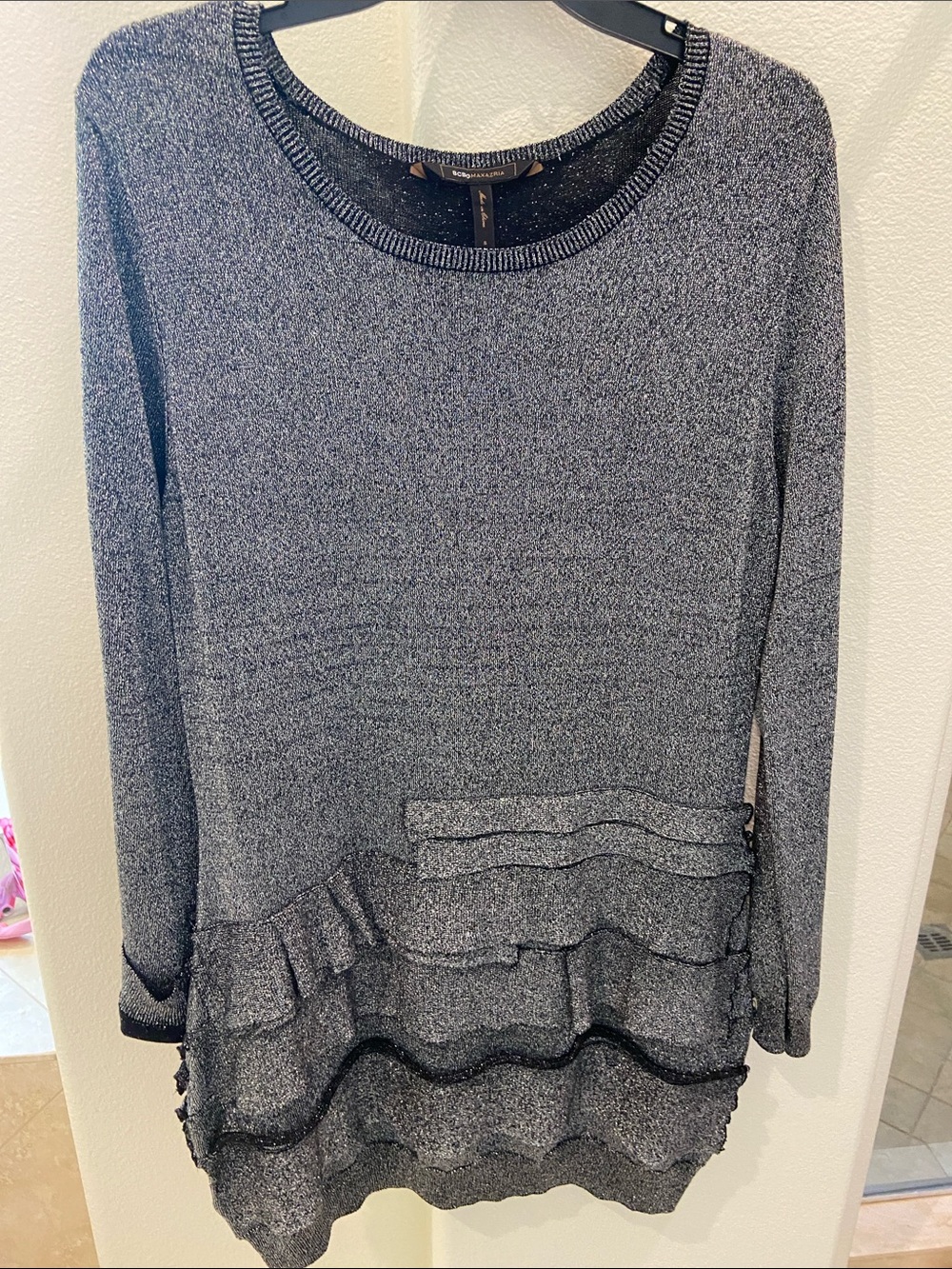 BCBGMaxAzria Metallic Charcoal Ruffle Hem Sweater Dress